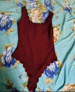 Scalloped Neckline Burgundy Bodysuit