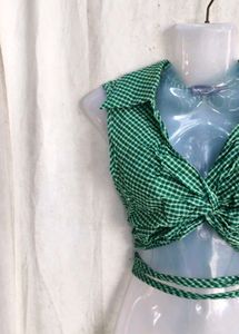 Green Gingham Twist Front Crop Top