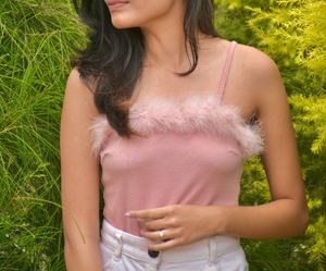 Pink Feather Trim Camisole Top