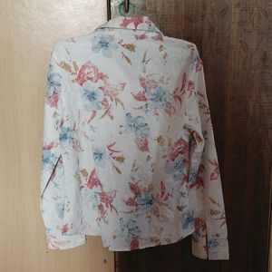 White Embroidered Floral Print Button-Up Shirt