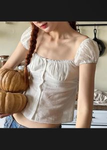 White Puff Sleeve Button-Up Top