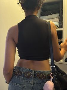 Black Mock Neck Crop Top with Dragon Graphic