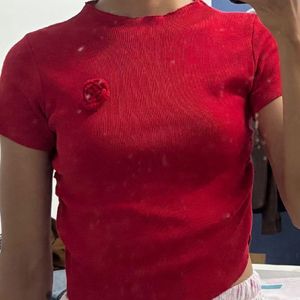 Red Cropped Top with Rose Detail
