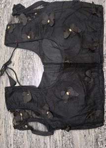 Elegant Black Blouse with Floral Appliques