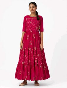 rani pink tiered sequin gown with gold rose embroi