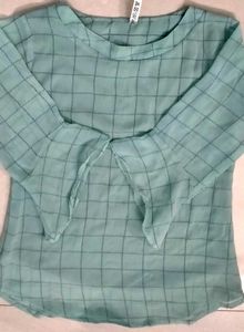 Chic Teal Checkered Bell Sleeve Top