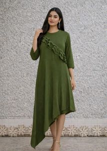 Olive Green Ruffle Detail Dress