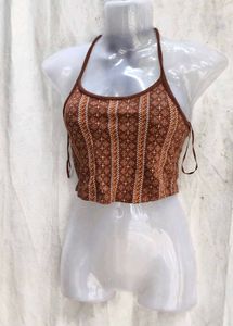 I. Brown Patterned Halter Neck Crop Top
