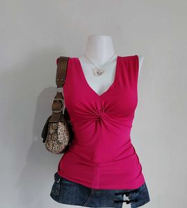 Vintage Hot Pink Twisted V-Neck Tank Top