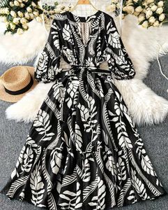 Boho Black &amp; White Leaf Print Maxi Dress