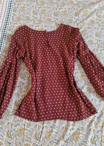 Maroon Polka Dot Top with Balloon Sleeves