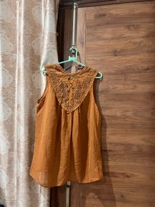 Brown Lace Neckline Top