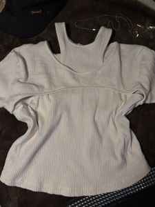 Cream Ribbed Cut-out Long Sleeve Top