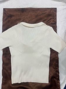 ZUDIO Cream Ribbed Collared Knit Top