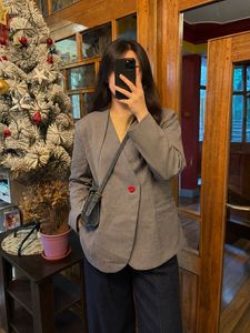 Chic Grey Blazer with Red Button Detail