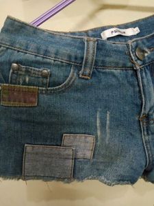 Distressed Denim Shorts with Patchwork