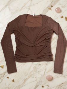 Brown Ruched Long Sleeve Top