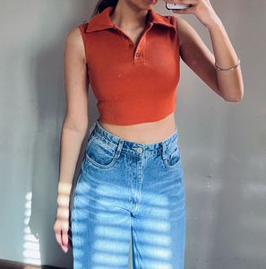 Sleeveless Ribbed Polo Crop Top
