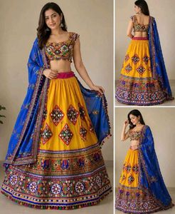 Vibrant orange & Blue Embroidered Lehenga Choli