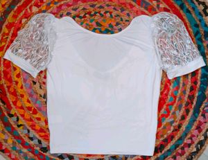 White Crop Top With Emproid Sleeves