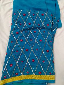 Sparkling Teal Saree with Embellishments