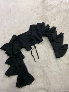 Black Ruffled Sleeve Cropped Top