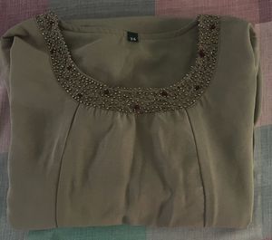 Premium Olive Green Embellished A-Line Midi Dress
