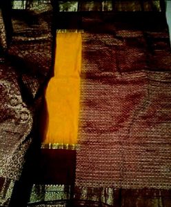Mustard yellow Meroon pure Kanjeevaram silk sari