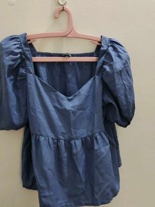 Blue Puff Sleeve Peplum Top