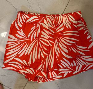 HWW Red Leaf Printed Linen shorts, S