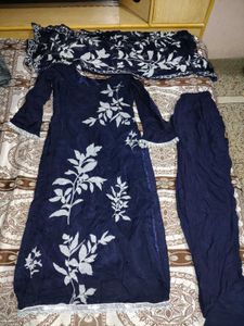 Navy Blue Printed Suit with sequins and stone work