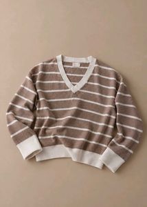 TAUPE & CREAM STRIPED V-NECK SWEATER