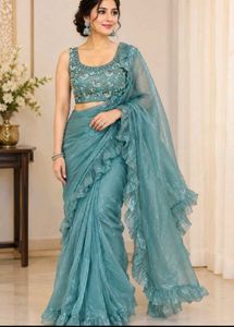 Elegant Teal Ruffled Saree