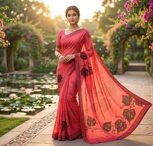 Elegant red Saree with Leaf Print