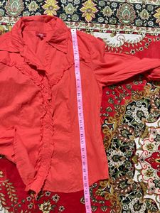 Coral Ruffled Button-Up Shirt