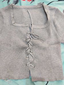 savana Grey Lace-Up Ribbed Top