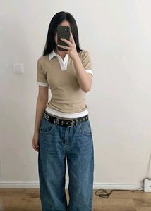 Chic Beige & White Polo Top