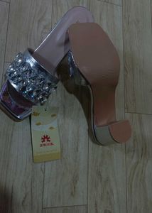 Shoux Embellished Silver Block Heels