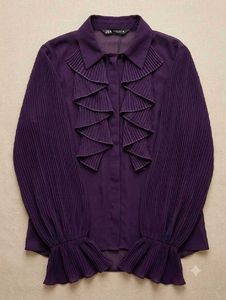 ZARA Deep Purple Pleated Ruffle Shirt