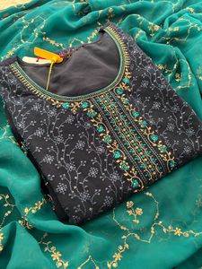 Elegant Navy Blue Kurta Set with Teal Dupatta