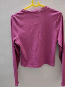 Pink Ribbed Lace Trim Wrap Top