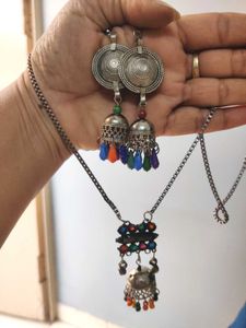 Boho Multi-Color Jhumka Earrings &amp; Necklace Set