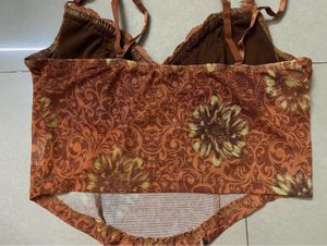 Vintage Floral Print Lace Trim Bra