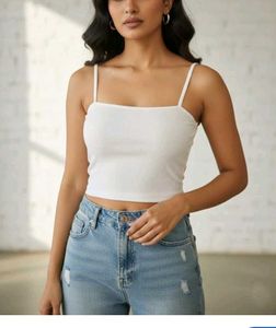 Ribbed White Spaghetti Strap Crop Top