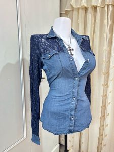 Denim Lace Sleeve Button-Up Shirt