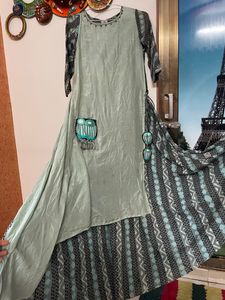 Pista Green And Grey Floor Length Kurti