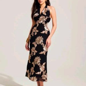 Elegant Black Floral Halter Maxi Dress