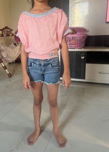 Glittery Cute Pink Top & Denim Shorts Set