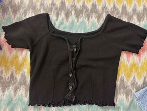Black Ribbed Crop Top with Bows