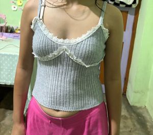 Grey Ribbed Lace Trim Cami Top